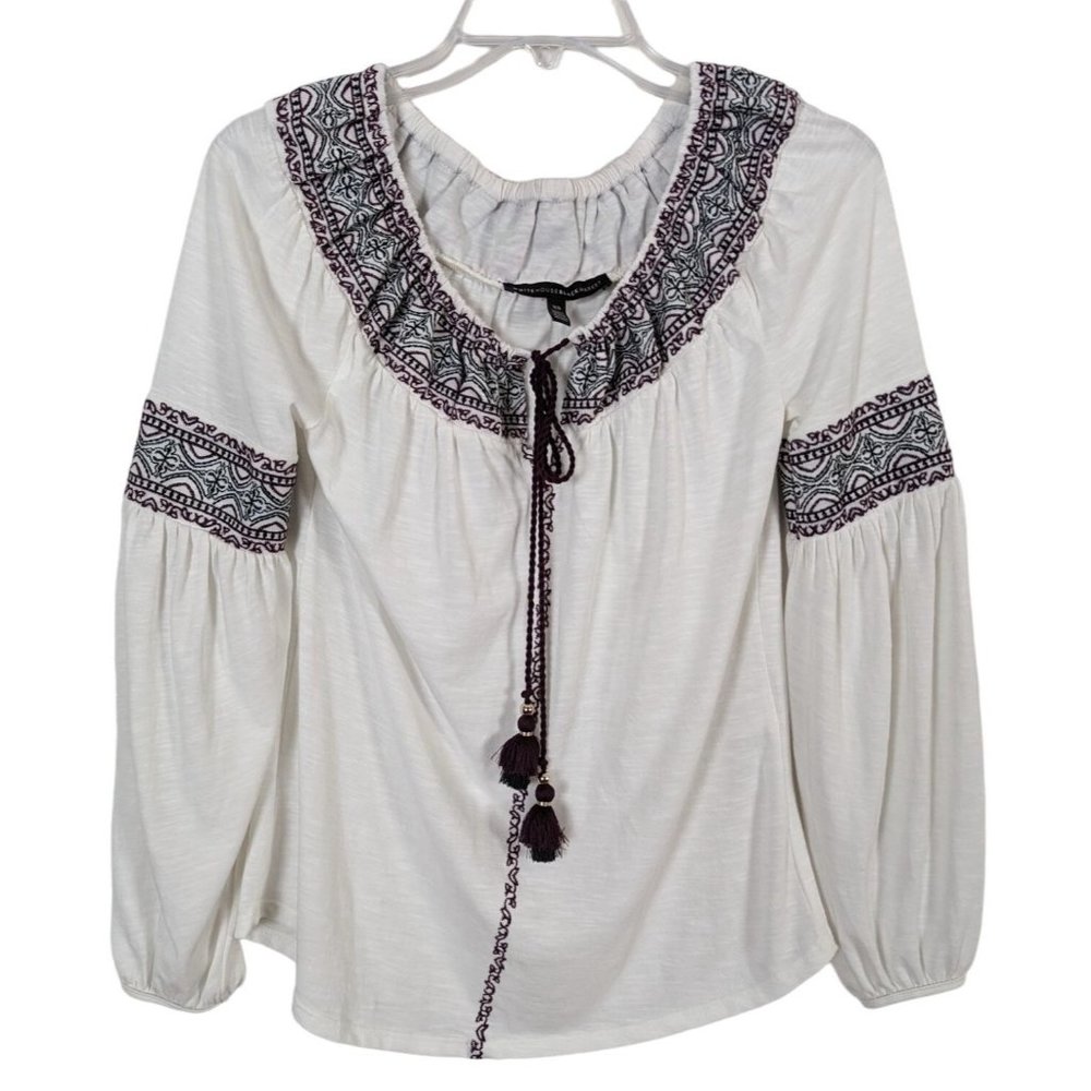 White House Black Market WHBM Off The Shoulder Embroidered Tassel tie Top XS